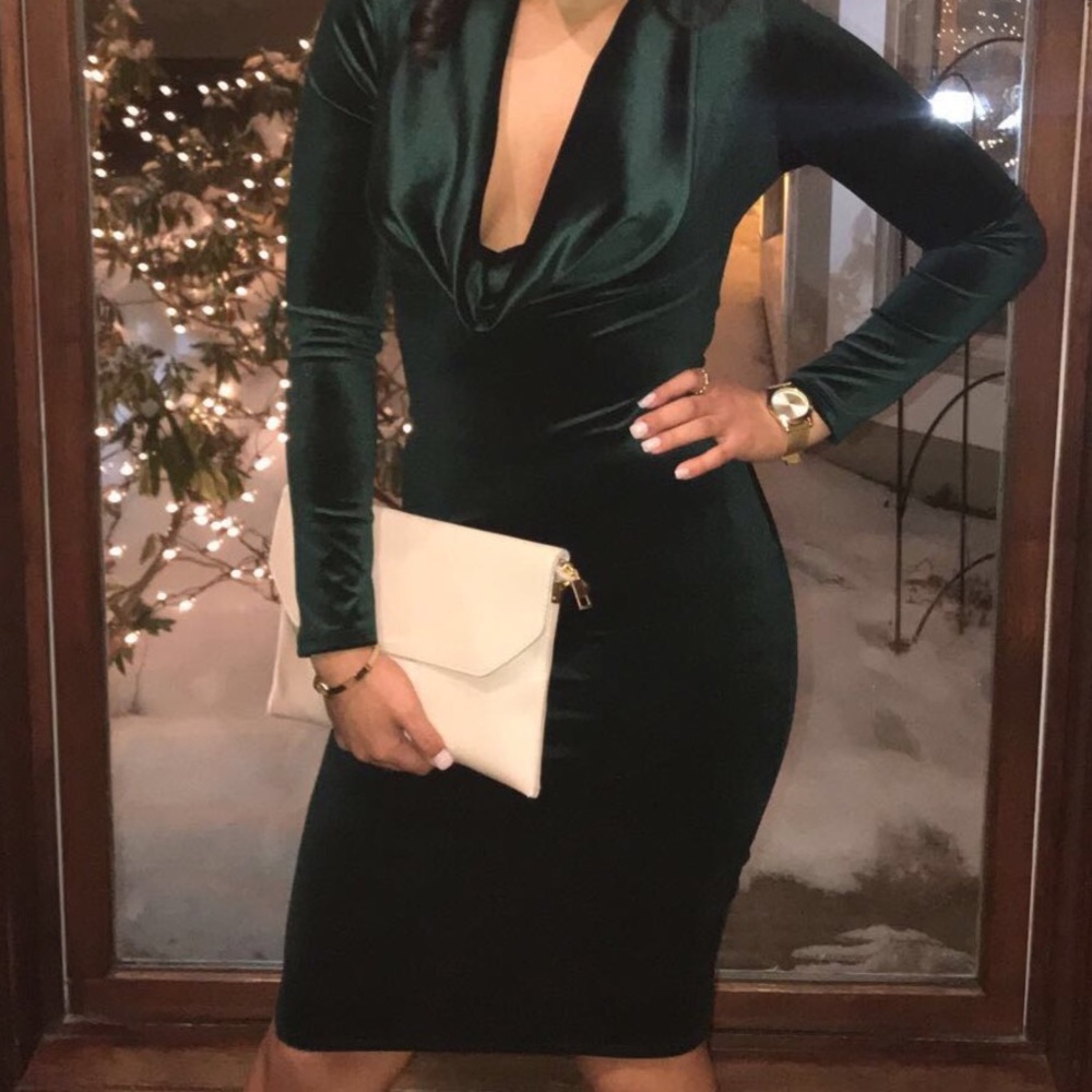 Green velvet dress with drop neckline